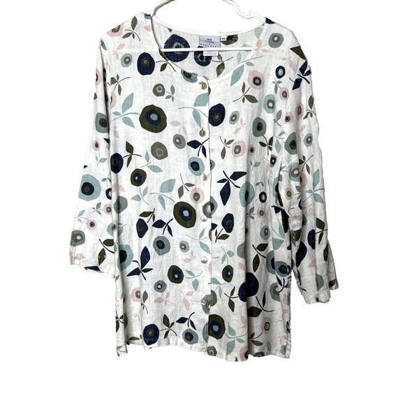 Hot Cotton Marc Ware XL 100% Linen Button Shirt Top White Floral Lagenlook - Picture 1 of 8